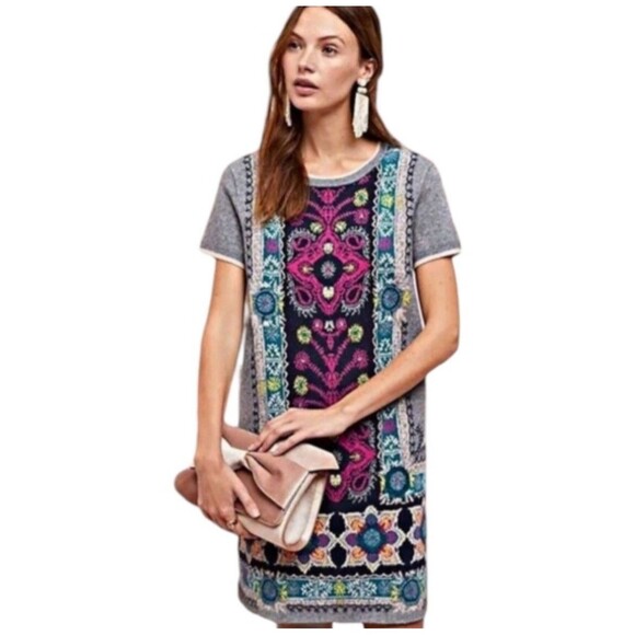 Akemi+Kin Anthropologie Kaleidoscope Sweater Dress Short Sleeve Size S Gray Boho - Picture 1 of 11